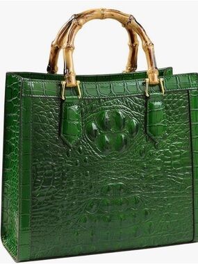Green Croc-Embossed Tote with Bamboo Handles leather